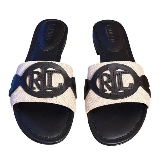 Ralph Lauren NWT Sz 6.5 Alegra Black & Cream Leather Flat Slide Sandals (SH280) - Picture 2 of 11